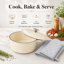 Round Enamel Cast Iron Pot With Lid And Side Handles, 4L Covered Casserole With Gloves For Home Kitchen Use - View 4