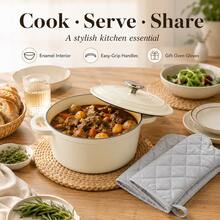 Round Enamel Cast Iron Pot With Lid And Side Handles, 4L Covered Casserole With Gloves For Home Kitchen Use - View 2
