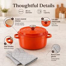 Enamel Cast Iron Dutch Oven Style Pot 28cm 6L With Lid And Gloves, Round Pot For Stew Soup And Family Dining - View 5