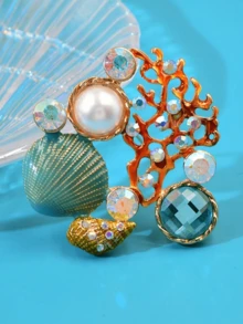 Marine Life Brooch With Rhinestone & Pearl Inlay, Fashionable Starfish & Shell Design - Scallop - View 5