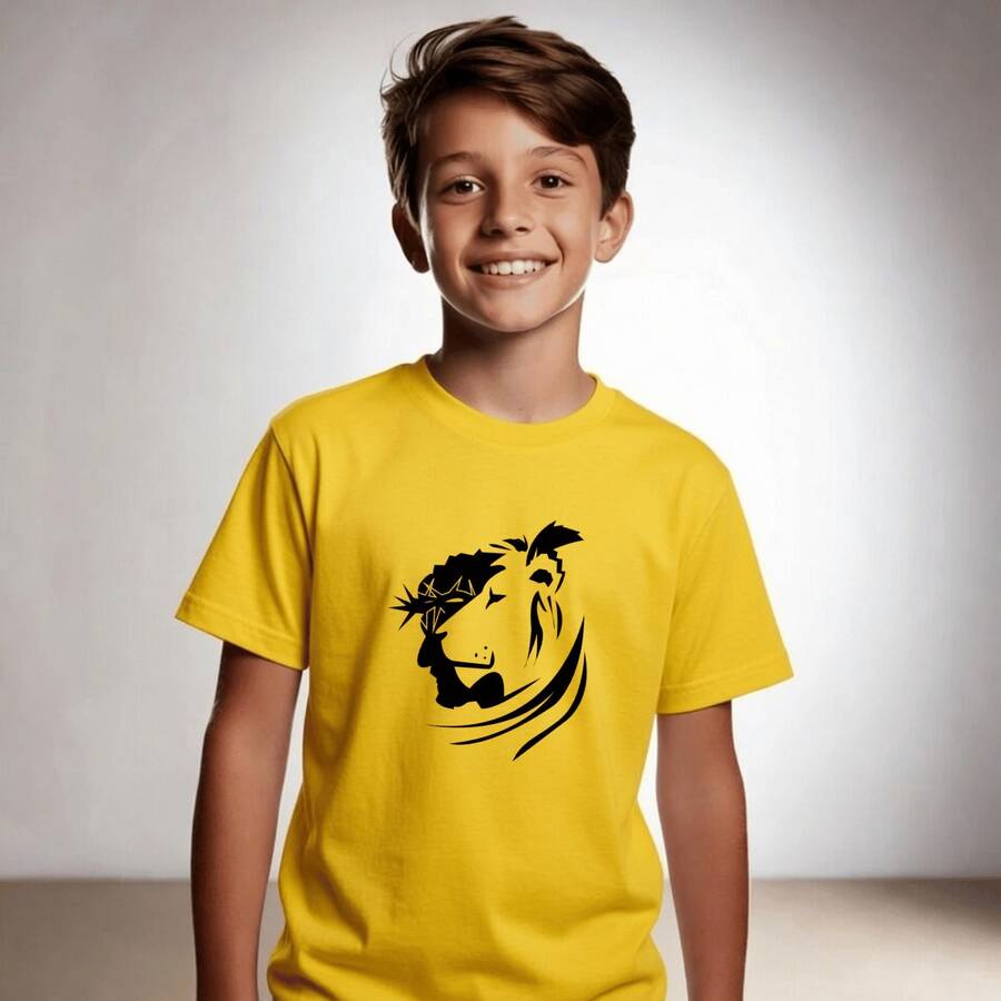 Camiseta Infantil e Juvenil Estampado Jesus e leão 100% Algodão Premium Criança Personalizada Unissex Blusa - Amarelo - Visão 1