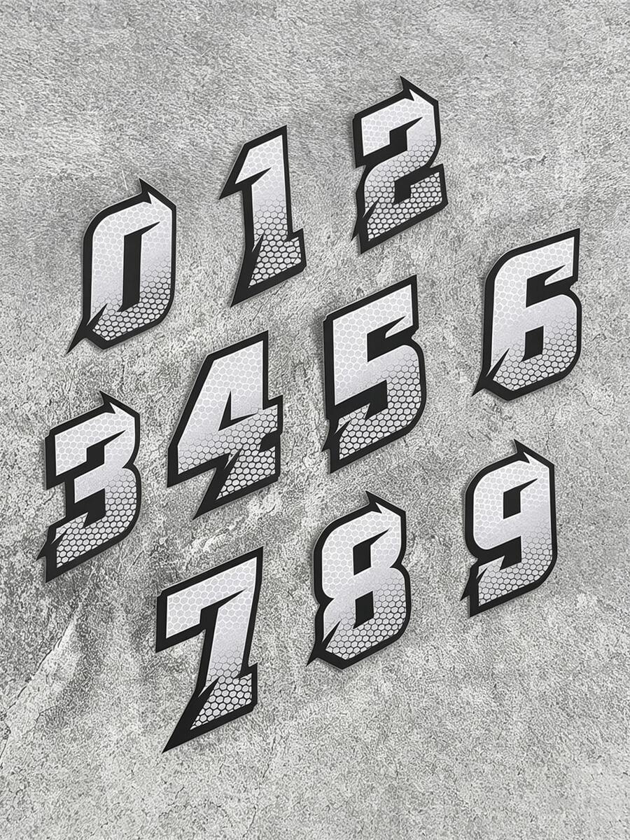 Honeycomb Racing Number 0-9 Waterproof Vinyl Sticker Set – Gray/Black Motorcycle Decorative Stickers - A - View 1