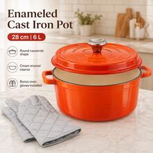 Enamel Cast Iron Dutch Oven Style Pot 28cm 6L With Lid And Gloves, Round Pot For Stew Soup And Family Dining - View 4
