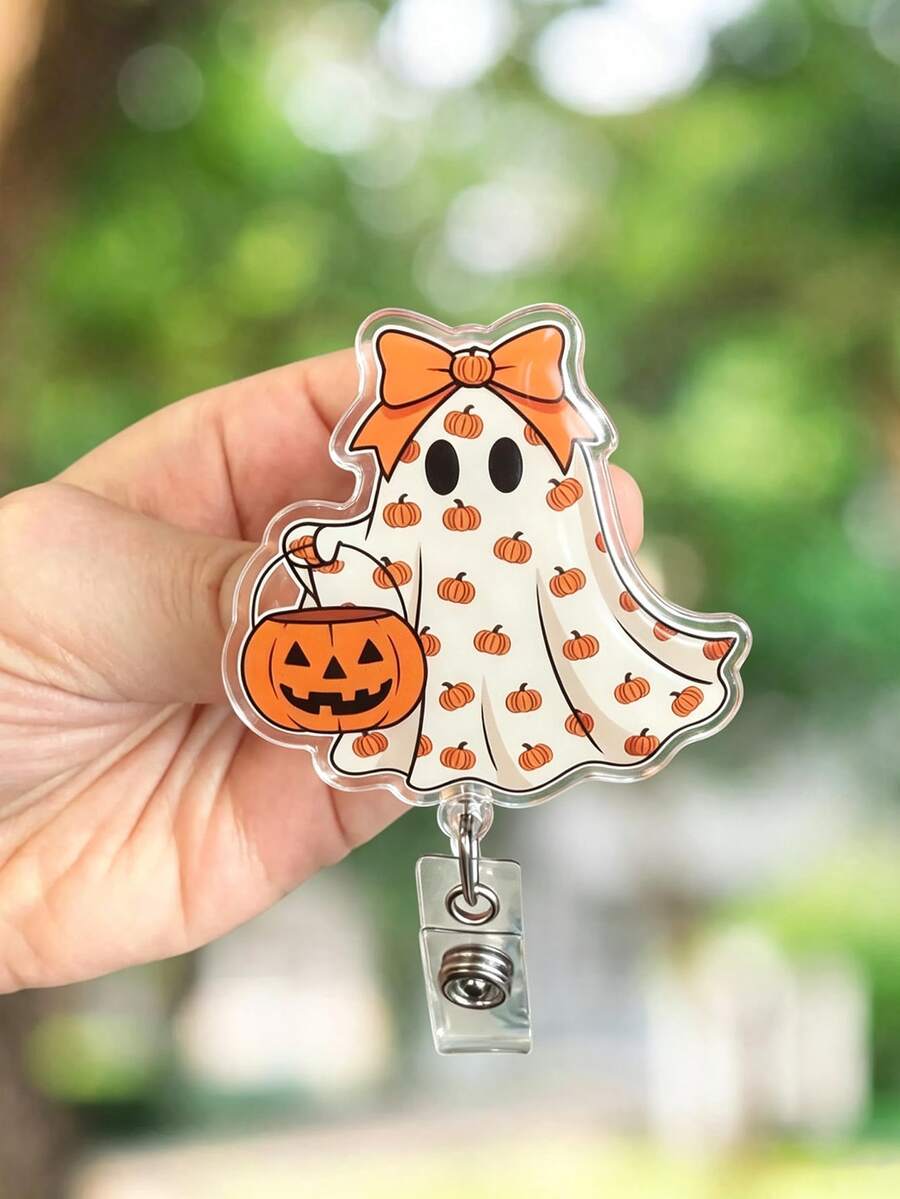 Pumpkin Ghost Retractable Badge Reel: Halloween Decoration, Acrylic Nurse ID Badge Holder, Party Name Tag & Party Favor - Halloween Series - View 1