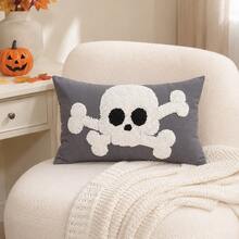 1 Stück/2 Stücke Halloween süßes Geist Tufted Kissenbezug, grauer bestickter Totenkopf Kreuzknochen Kissenbezug mit Quasten Eckdekoration, versteckter Reißverschluss Design, geeignet als Herbst Halloween Dekokissen (Füllung nicht enthalten), anwendbar für Sofa, Bett, Schlafzimmer, Wohnzimmer, Veranda und Partydekoration - Grau - Übersicht 8