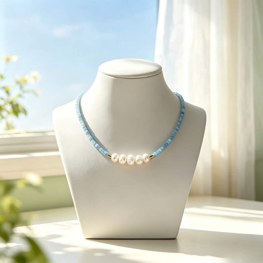 1 Stück elegante Damen Halskette mit natürlichem Aquamarin kombiniert mit mehreren cremefarbenen Perlen, frisch und lässig, vielseitig und für jeden geeignet - Babyblau - Übersicht 1