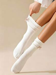 1/4 Pairs Women's Sweet Ballet Style Frill Edge Mid-Calf Socks With Cute Bow, Breathable Ruffled Ribbed Cotton Lolita JK Stackable Crew Socks,4 Season - Multicolor - View 5
