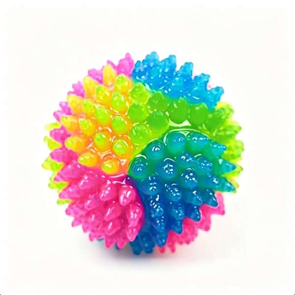 Juguete pelota luminosa arcoíris con púas suaves, adecuado para cachorros en etapa de dentición, juego de lanzamiento interactivo para desgastar energía, fácil de limpiar, compatible con perros pequeños, medianos y felinos
