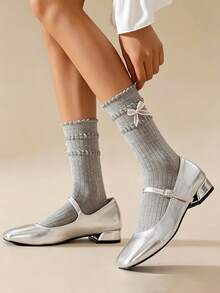 1/4 Pairs Women's Sweet Ballet Style Frill Edge Mid-Calf Socks With Cute Bow, Breathable Ruffled Ribbed Cotton Lolita JK Stackable Crew Socks,4 Season - Multicolor - View 4