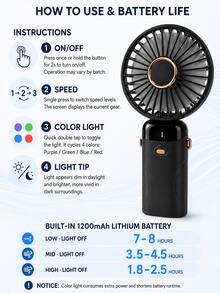 便攜式靜音電風扇，USB充電數位顯示摺疊扇，適用於辦公桌/學生宿舍，適合辦公室職員/學生，夏季/畢業季理想選擇 - 彩色 - 查看 4
