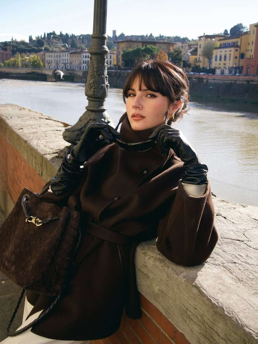 Women's Brown Funnel Neck Belted Long Sleeve Jacket With Pockets, Elegant Polyester Regular Length Autumn/Winter Fashion - Brown - View 1