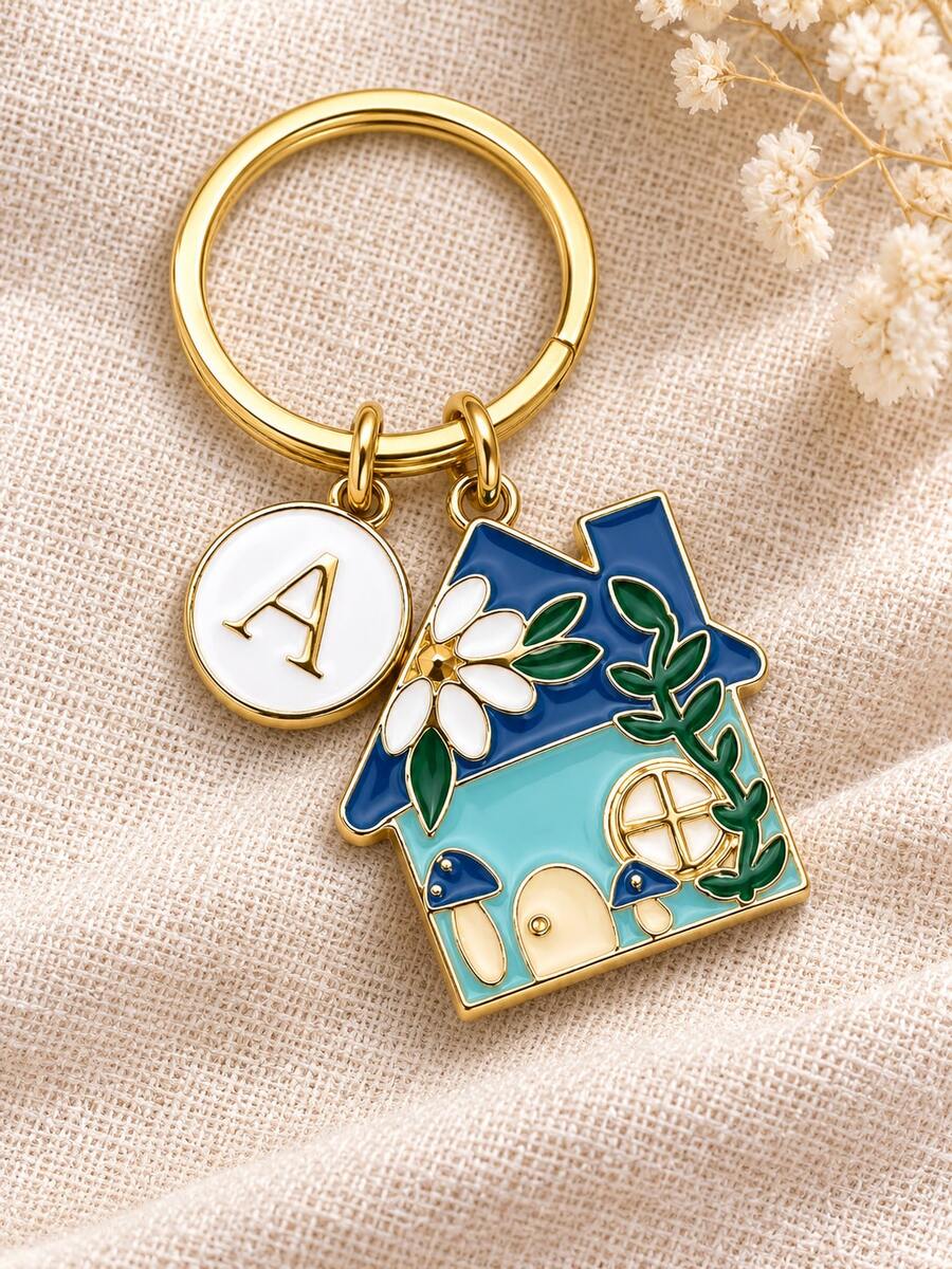 Ocean Blue Mushroom House Enamel Keychain With Floral Element Letter Charm, Couple Best Friend Exclusive Bag Pendant
