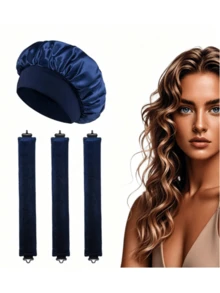 4-Piece Curly Hair Set: 1 Wide-Brim Satin Sleep Cap, 3 Heatless Curlers, Classic Casual Women's Solid Color Elastic Soft Cap, Heatless Overnight Curls, Effortlessly Create Curly Hair, Suitable For All Hair Types - Multicolor - View 6