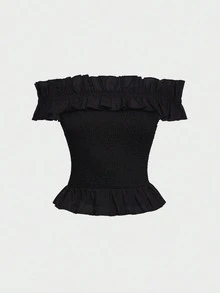 Women's Off-Shoulder Ruched Bandeau Top, Strapless Ruffle Hem Blouse, Elastic Waist Slim Fit Summer Cropped Top, Suitable For Vacation And Date Night - Black - View 7
