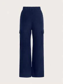 VIVINA Women's Solid Color Cargo Pocket Casual Straight Leg Pants, Navy Blue Versatile Long Pants, Autumn Long Pants - Navy Blue - View 7