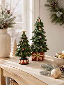 1pc Resin Christmas Tree Ornament Set, Vintage Green Desktop Decor With Star Topper, Pearl Garland, Gift Box And Drum Base, Suitable For Fireplace Mantel, Dining Table, Entryway, Christmas Home Decor And Holiday Gift - Multiple Styles - View 1