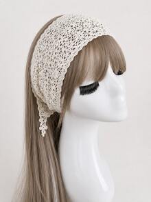 1PC White Lace Headscarf For Women Vintage Crochet Triangle Bandana Floral Hollow Out Hair Kerchief Boho Bridal Hair Accessory - Beige - View 3