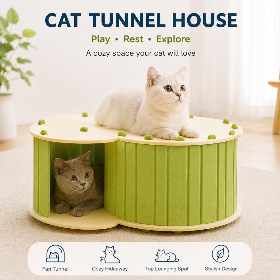 1pc Assembly Required Double Layer Felt Cat Bed, Suitable For Hiding And Playing, Round Cat Sweet Tunnel Bed, Foldable And Detachable Pet House, Suitable For Multi-Cat Households, All-Season Use - Multicolor - View 1