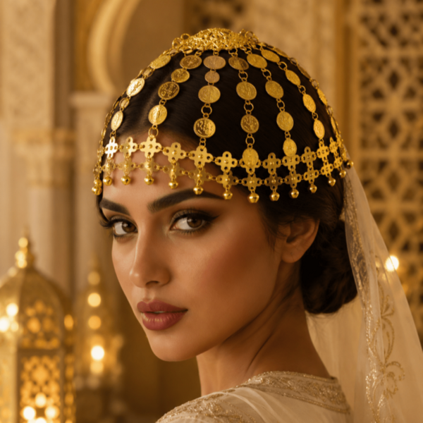 1pc Middle Eastern Style Gold Coin Tassel Headpiece, Women's Multi-Layer Mesh Forehead Chain, Arabic Vintage Hair Accessory For Wedding, Eid, Celebration, Party