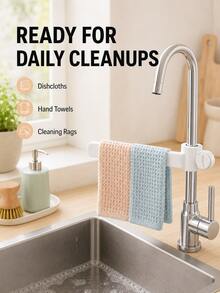 1pc 360° Rotating Faucet Mount Dish Cloth Holder, Plastic Material, White Minimalist Drill-Free Adjustable Kitchen Sink Towel Rack, Space-Saving Quick-Dry Dish Cloth Hanging Rack, Kitchen Storage Use - Multicolor - View 7