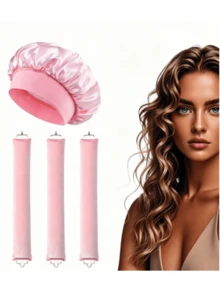 4-Piece Curly Hair Set: 1 Wide-Brim Satin Sleep Cap, 3 Heatless Curlers, Classic Casual Women's Solid Color Elastic Soft Cap, Heatless Overnight Curls, Effortlessly Create Curly Hair, Suitable For All Hair Types - Multicolor - View 12