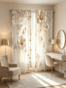 2 piezas Cortinas de lujo con estampado floral de champán, bolsillo para barra, elegantes cortinas de ventana con patrón 3D de flores & perlas, cortinas térmicas aislantes y oscurecedoras para sala de estar, dormitorio y decoración del hogar - Multicolor - Ver 2