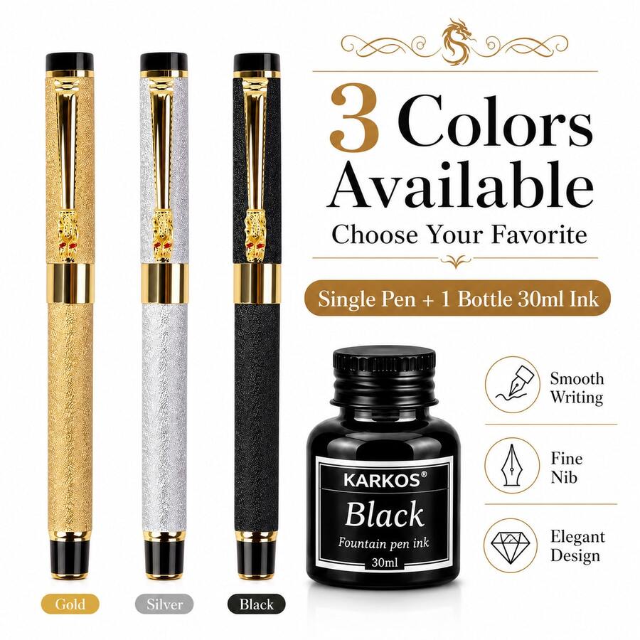 Pulpen Fountain dengan Desain Motif Naga, Termasuk Tinta Hitam 30ml, Pulpen Isi Ulang dengan Tulisan Halus, Pilihan Warna Emas/Perak/Hitam, Set Pulpen Hadiah Kaligrafi Elegan untuk Kantor dan Buku Harian - Pulpen ujung tunggal + tinta - View 1