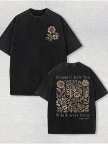 230g Washed, Secret Printed T-Shirt With Fresh Flowers, High-Quality Wax Printed Cotton Retro Fashion Brand T-Shirt, Men's T-Shirt, Beach Essential-61 - 黑色 - 查看 10
