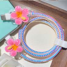 1組 TPU 花朵數據線保護套，保護數據線，耐用 ABS 材質，相容 Apple 18W/20W 充電器，防止充電線損壞 - 粉紅色 扶桑花 - 查看 4