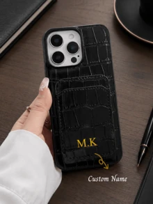 1pc Personalized Pocket Faux Crocodile Texture Faux Leather Phone Case, Letter Print Phone Case With Card Slot, Back To School Supplies, Back To School Season Must-Haves, Shell Material, Suitable For Primary And Secondary School Students, College Students, Teenagers, Teacher Gifts, Middle School Students, College Freshmen, Etc. - Black - View 2