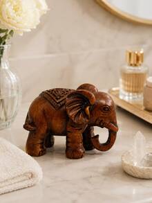 Set 2 Patung Gajah Keberuntungan Gaya Ukiran Kayu Thailand dari Resin, Dekorasi Kekayaan Feng Shui, Cocok untuk Pintu Masuk, Taman, Halaman, Hadiah Pindah Rumah - Gajah Kayu - View 5