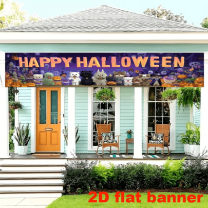 Un fondo de pancarta plano 2D de 1 pieza con temática de Halloween con las palabras "FELIZ HALLOWEEN" impresas, que presenta elementos de animales lindos y linternas de calabaza. Sin necesidad de fuente de alimentación.