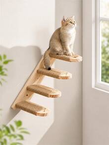 1pc Multi-Layer Solid Wood Wall-Mounted Cat Climbing Ladder Jumping Platform, Multi-Functional Climbing Structure With Comfortable Platform And Sturdy Guardrail, Space-Saving Detachable Design, Easy Assembly, Indoor Cat Tower - Apricot - View 4