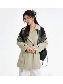 女款時尚百搭日常穿著綁腰風衣外套 - 杏色 - 查看 7