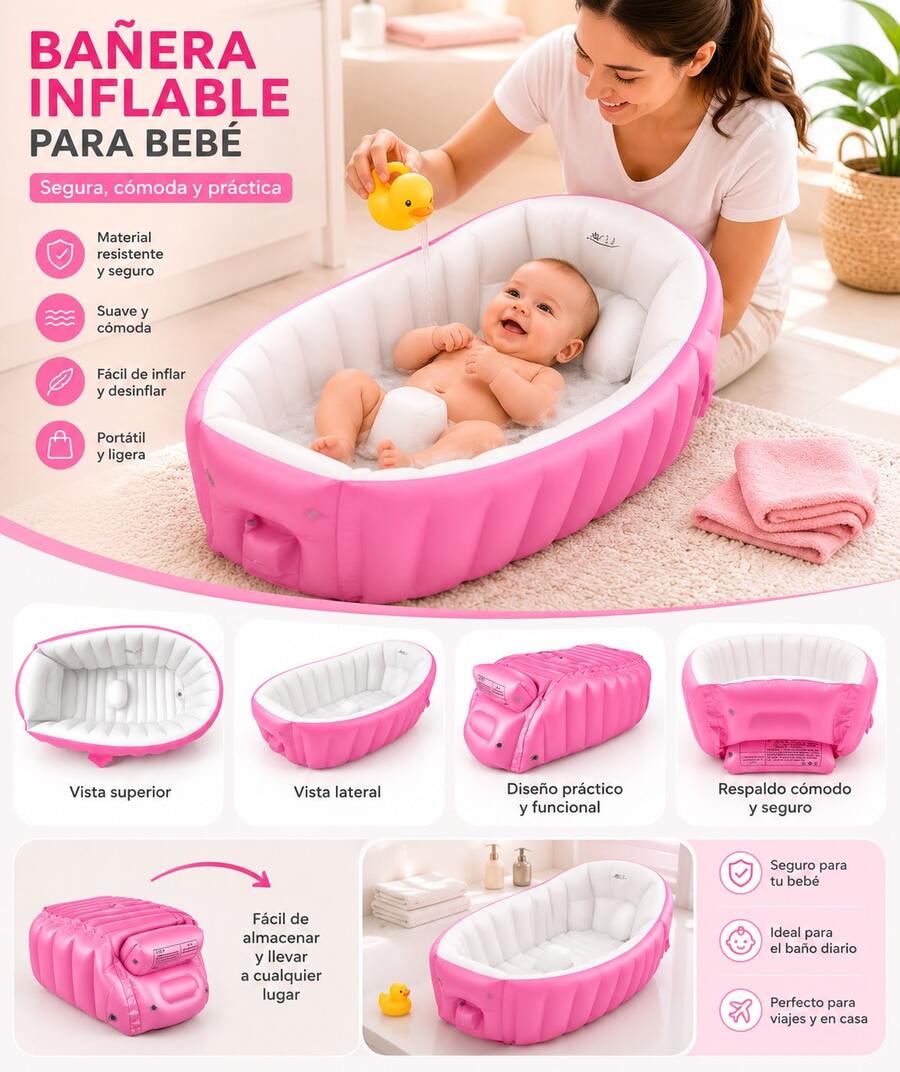 Bañera Inflable Para Bebés Portátil Tina Plegable Con Bomba, Tina de bebé inflable - Rosa - Ver 1