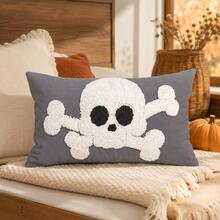 1 Stück/2 Stücke Halloween süßes Geist Tufted Kissenbezug, grauer bestickter Totenkopf Kreuzknochen Kissenbezug mit Quasten Eckdekoration, versteckter Reißverschluss Design, geeignet als Herbst Halloween Dekokissen (Füllung nicht enthalten), anwendbar für Sofa, Bett, Schlafzimmer, Wohnzimmer, Veranda und Partydekoration - Grau - Übersicht 6