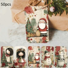 50 Peças Etiquetas de Presente de Papel Vintage de Natal com Desenhos de Desenho Animado e Corda de Cânhamo - Papai Noel, Boneco de Neve & Árvore de Natal, Etiquetas Penduráveis para Presentes, Sacolas de Presente & Lembrancinhas de Festa, Decoração Festiva de Presente - Multicolorido - Visão 4