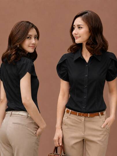 Women's Professional Short Sleeve Fitted Commuter Blouse Black Summer
