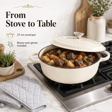 Round Enamel Cast Iron Casserole With Lid And Gloves, 27cm Covered Pot For Soup, Stew And Family Dining - View 1