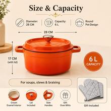 6L Round Enamel Coated Cast Iron Pot With Lid And Gloves, 28cm Cooking Casserole For Braising Roasting And Serving - View 4