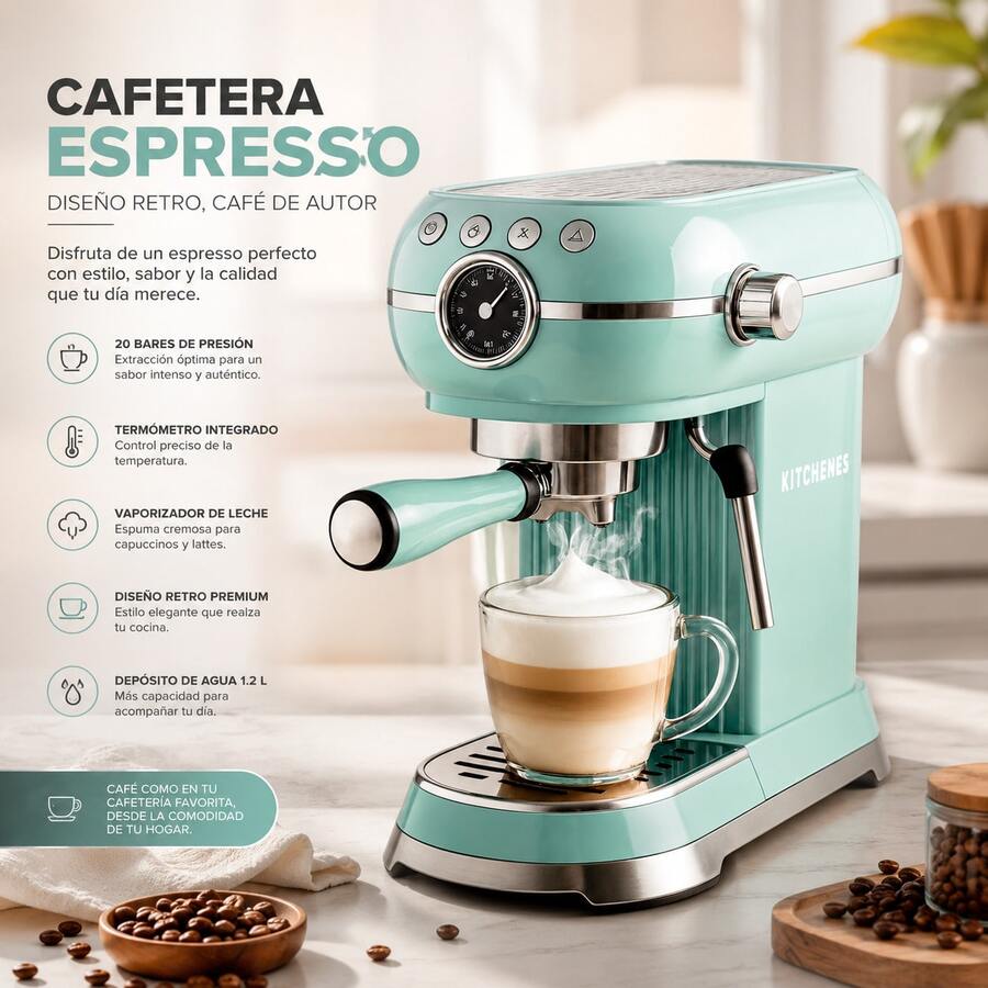 Cafetera Eléctrica Retro Kitchenes, Espresso, Capuchino y Espuma, de 1.5L, 600W de Potencia, Color Verde Menta, Diseño Vintage y Elegante, Fácil de Limpiar - verde menta - Ver 1