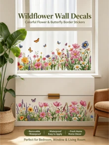 Watercolor Spring Tulip, Sunflower, Wildflower & Butterfly Waistline Wall Decal, Self-Adhesive Removable Waterproof PVC Decorative Sticker, Country Style Window Sill Glass, Bedroom, Living Room Wall Renewal Floral Window Sticker - Wall Stickers - View 1