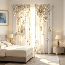 2 piezas Cortinas de lujo con estampado floral de champán, bolsillo para barra, elegantes cortinas de ventana con patrón 3D de flores & perlas, cortinas térmicas aislantes y oscurecedoras para sala de estar, dormitorio y decoración del hogar - Multicolor - Ver 10