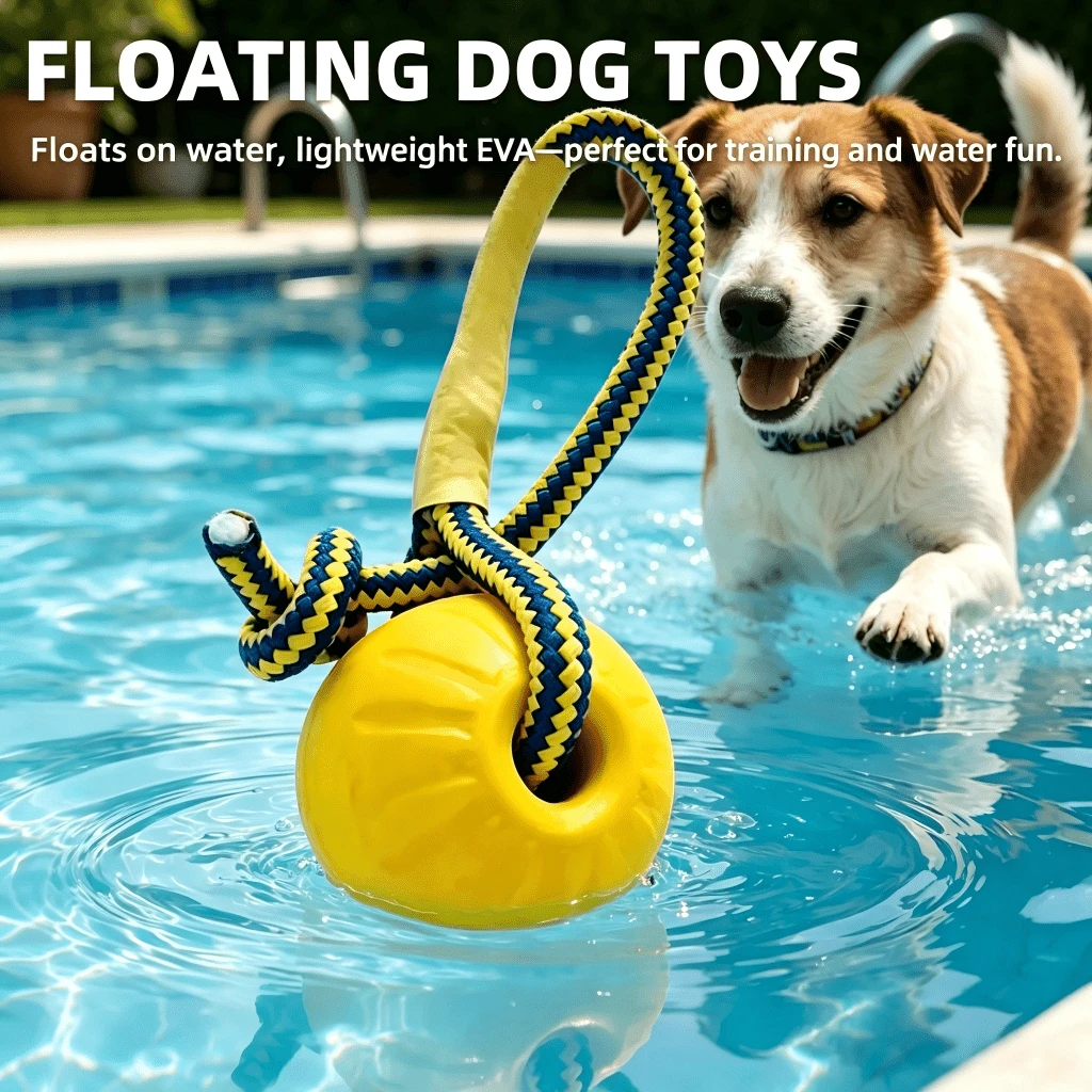 1PC/2PCS Dog Pool Floating Toys, With Rope Pull Ball And Rope Large Bone Toy, 50cm Rope Length, Suitable For All Sizes Of Dogs, EVA Durable Rubber Water Pet Interactive Toys, Summer Beach Outdoor Throwing Training Fetch Play - Yellow - View 1