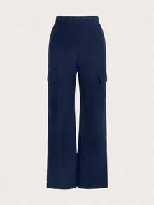 VIVINA Women's Solid Color Cargo Pocket Casual Straight Leg Pants, Navy Blue Versatile Long Pants, Autumn Long Pants - Navy Blue - View 6