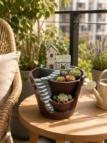 Multi-Level Stair Succulent Plant Pot With Stone House Sculpture Resin Flower Planter Large Split Bucket Style Plant Container For Cactus Herb Small Green Plants Desktop Balcony Garden Planting Pot Home Landscape Decor - House-shaped Planter - View 7