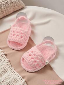 1 Pair Handmade Crochet Infant Sandals, White, Open Toe With Button Strap, Newborn Shoes - Baby Pink - View 7