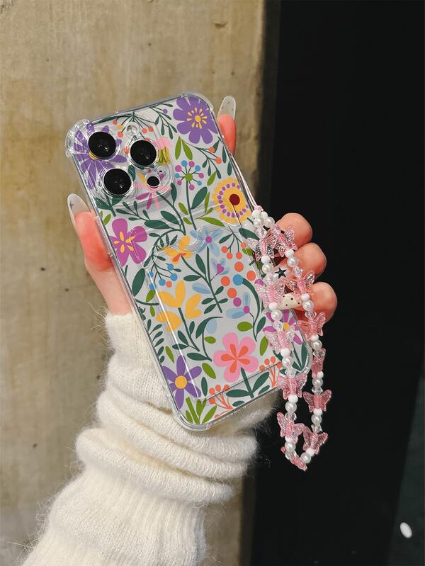 Apple 1PC New Transparent Card Slot Full Screen Floral Pattern Phone Case For IPhone 16 Pro Max/17 Pro/17 Pro Max/17/16/16 Pro/16 Plus/15 Pro Max/15 Pro/15 Plus/15/14 Pro Max/14 Pro/14/13 Pro/13/12 Pro/12/11/XS/X Max/8 Plus/7G Anti-Drop Butterfly Lanyard Full Coverage, Suitable As Gift For Family, Holiday, Friends, Birthday, Girlfriend, Boyfriend Or Yourself
