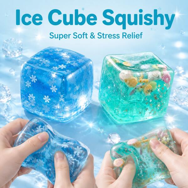 1pc Crystal Clear Ice Cube Shaped Squeeze Toy, Ocean Shell Beads Sensory Stress Relief Fingertip Toy, High Elasticity Portable Pocket Anxiety Toy, Office Desk Companion, Birthday Party Gift For Teenage Girls, Daily Leisure Play