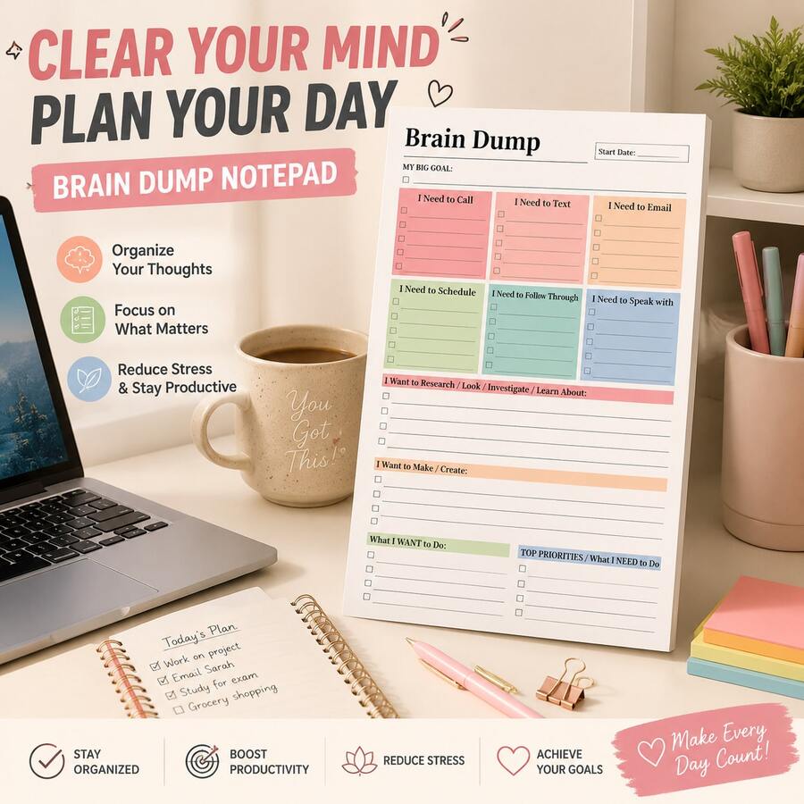 1pc Brain Dump Notebook, Suitable For ADHD, Colorful Task Planning And Goal Tracking, Mind Clearing Diary, Applicable For Learning, Work, Daily Planning And Idea Organization, Gift For Students And Office Workers School Supplies - A - View 1